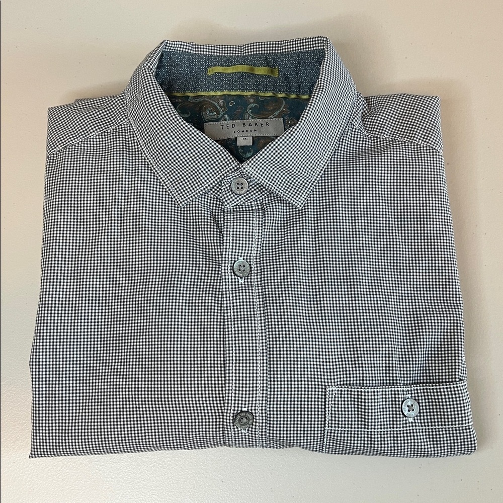 Ted Baker Micro Plaid Dress Shirt Navy/White Size Medium